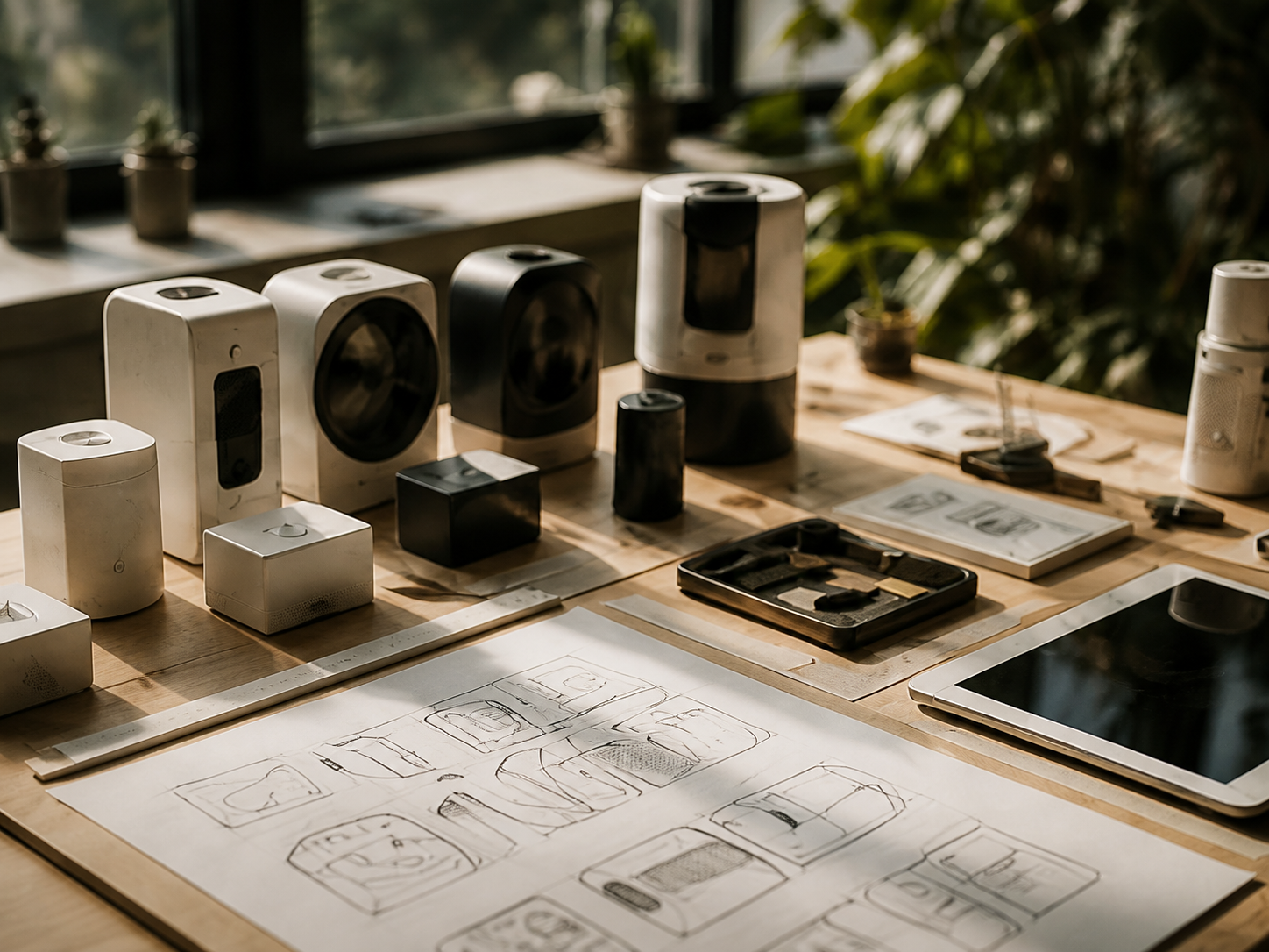 Prototype products and technical drawings arranged for review