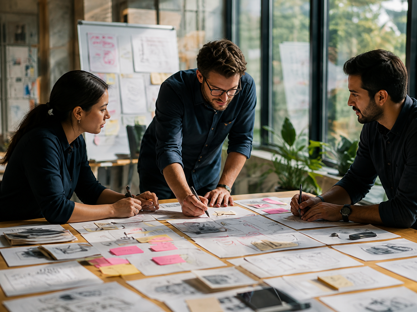 Collaborative studio team planning a service on a shared worktable
