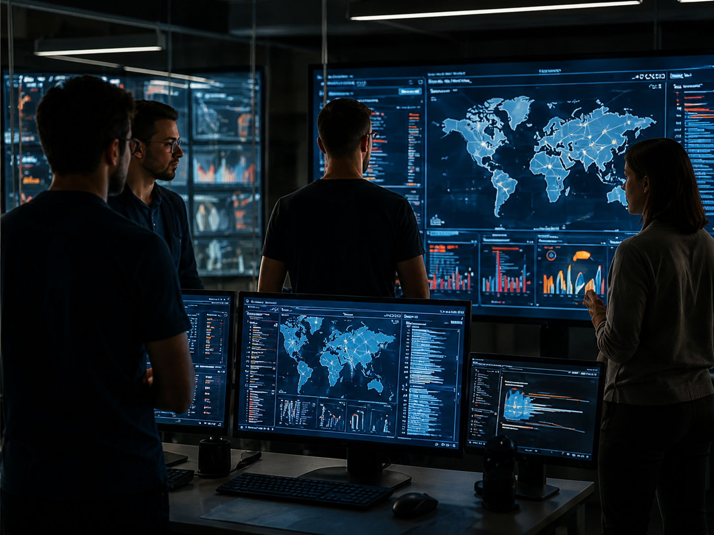 Team reviewing connected operational systems in a control room