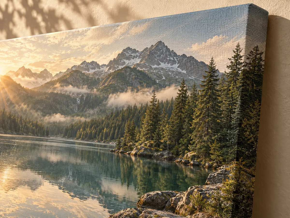 Illustrative close-up of a mountain and lake canvas print on a warm plaster wall. No people are depicted.