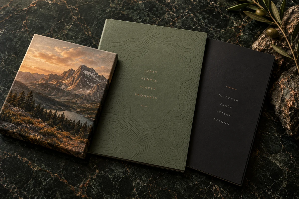 Illustrative concept: a landscape canvas, a sage map folio and a dark music folio arranged on green stone.