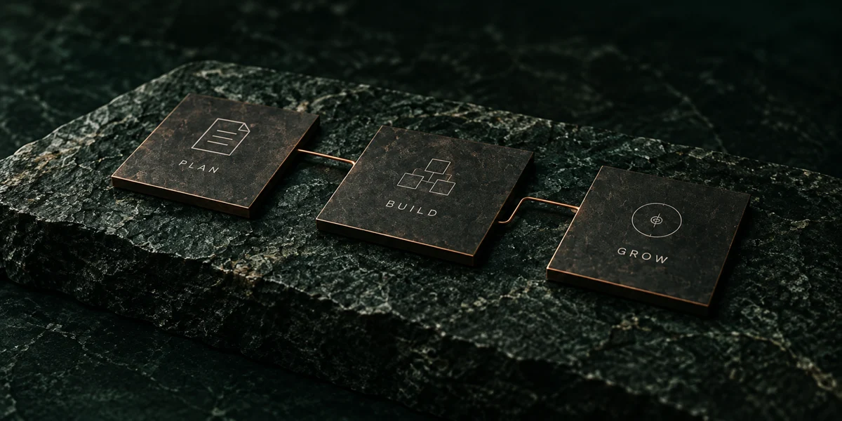Illustrative concept: three patinated bronze plaques marked Plan, Build and Grow connected by copper on dark stone.